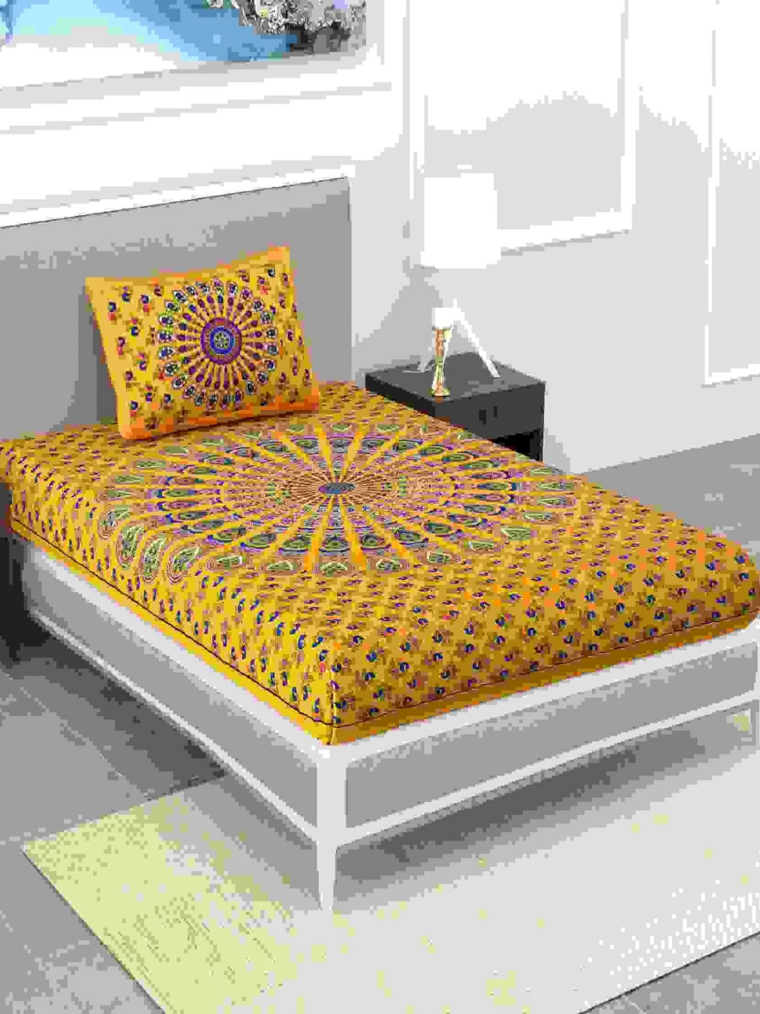 AC FASHION Yellow & Purple Floral 144 TC Single Bedsheet Set 1.50 m x 2.20 m