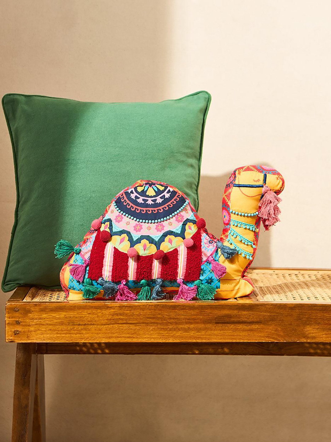 Chumbak Mustard-Yellow & Red Royal Ride Camel Shape Cushion