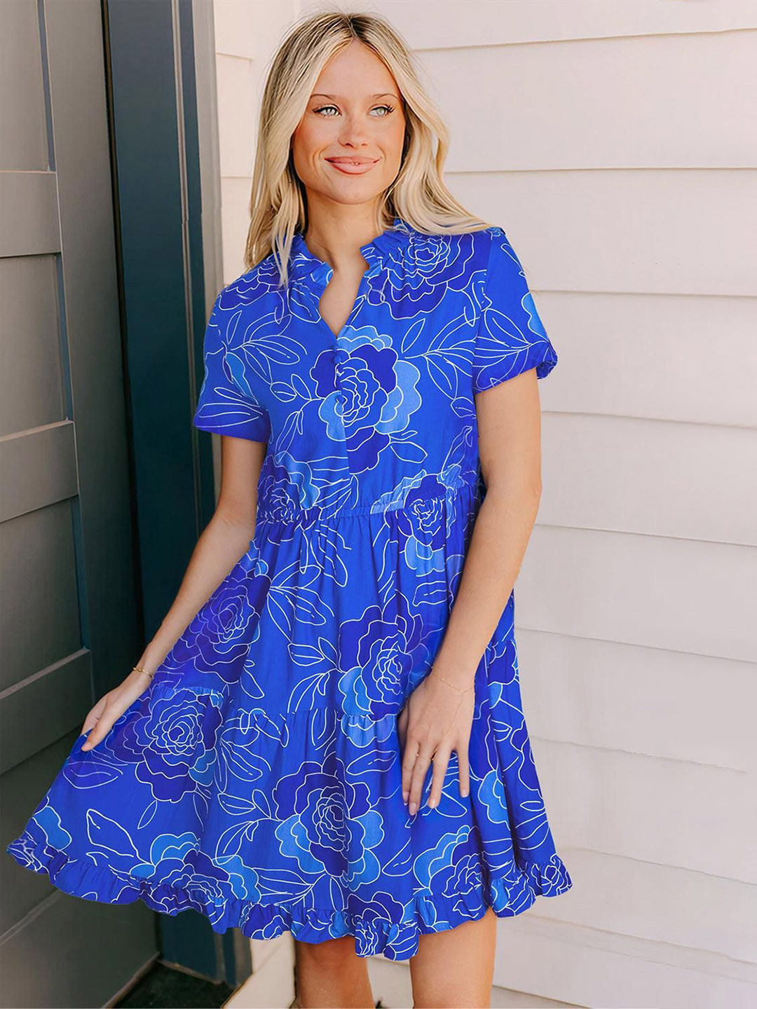 Errabelly Women Floral Ruffled Hem Mandarin Collar Short Sleeve Flowy Fit-Flare Mini Dress