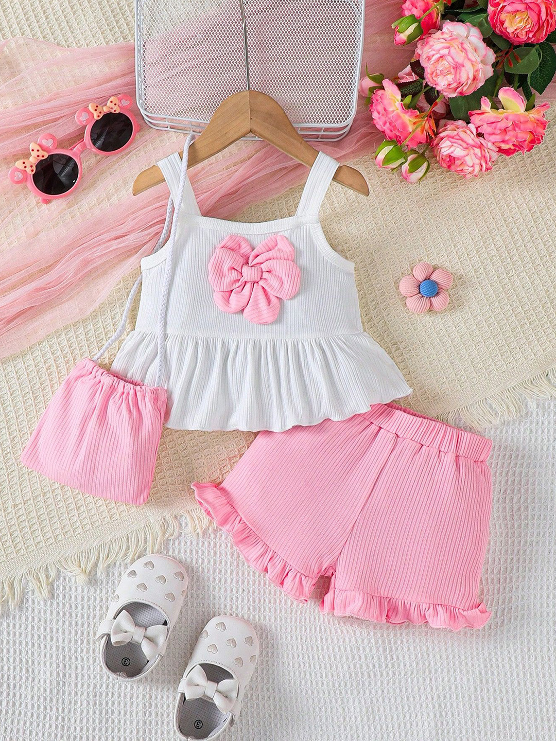 NABBU Girls Bow Detailed Shoulder Straps Top With Shorts