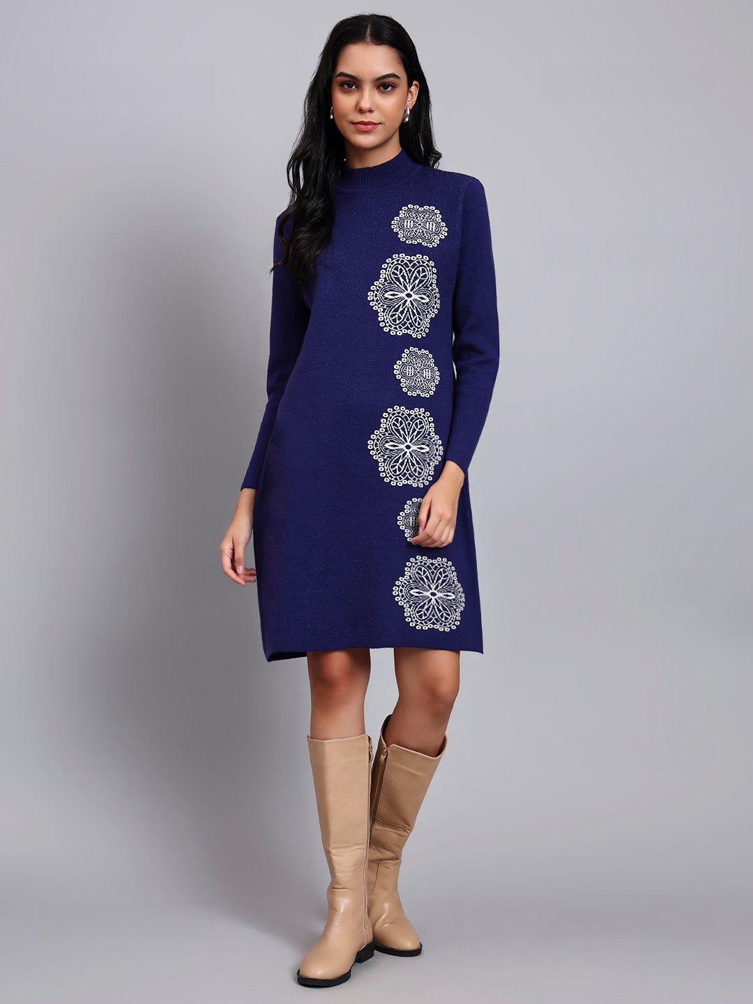 MODKLINE WITH MK Floral Emboridered High Neck Woollen Sheath Dress