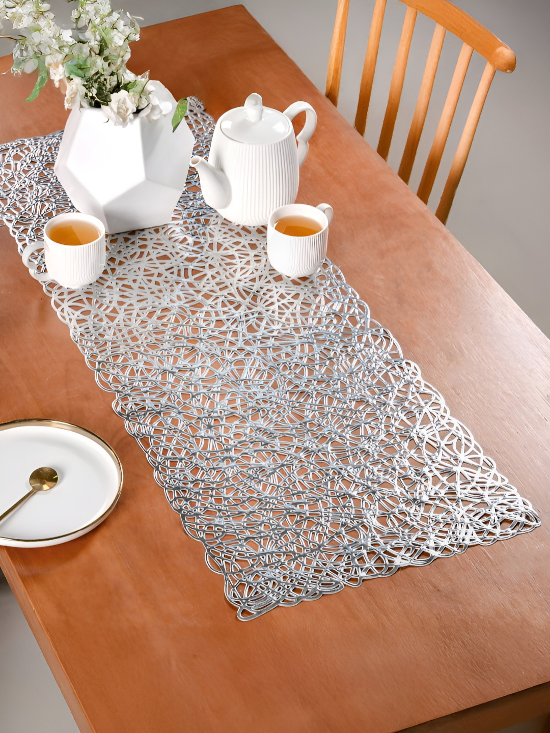 Nestasia Grey Textured Modern Laser Cut Style Table Runner