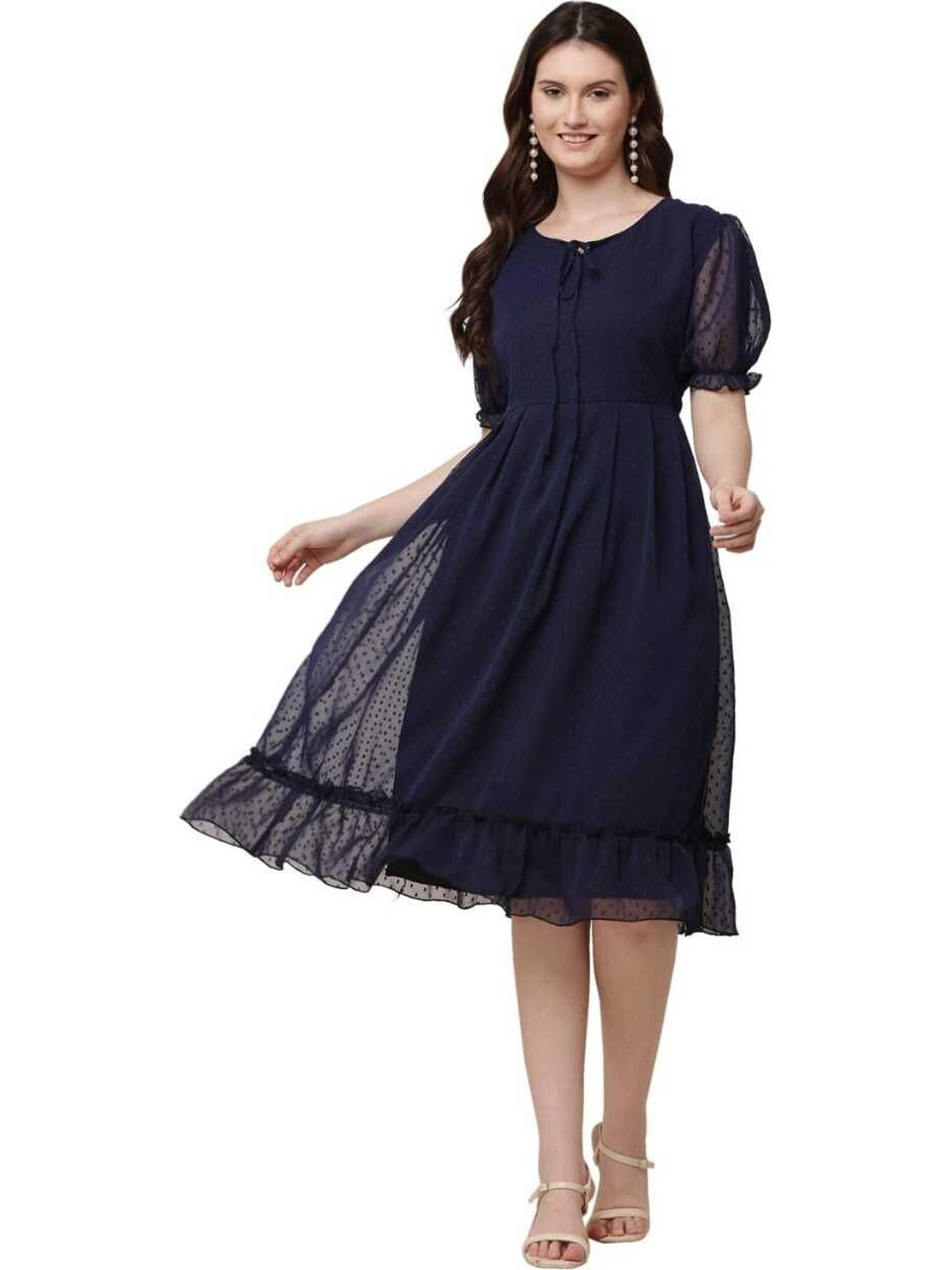 vashist Women Self Design Round Neck Puff Sleeve Tiered Fit & Flare Dress