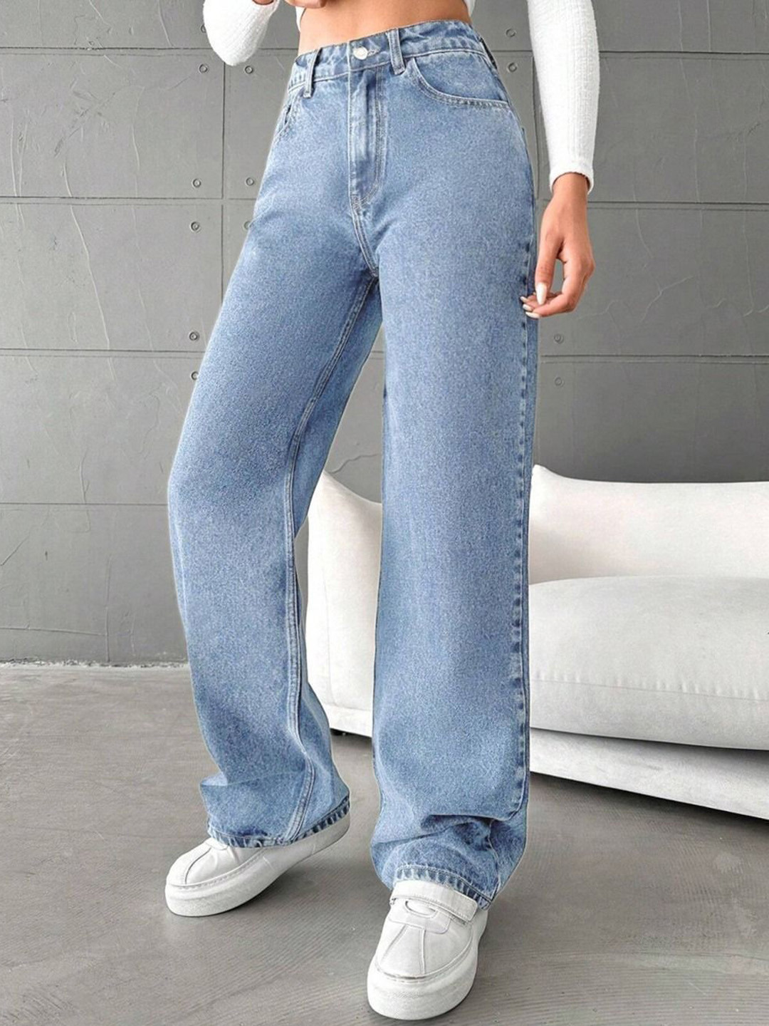 RIVI Casual Denim Collection Women Wide Leg Fit High-Rise Acid Wash Stretchable Jeans