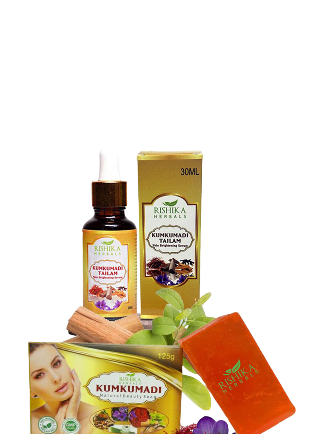 RISHIKAHERBALS Set Of 2 Kumkumadi Tailam - 30 ml & Natural Beauty Soap - 125 g