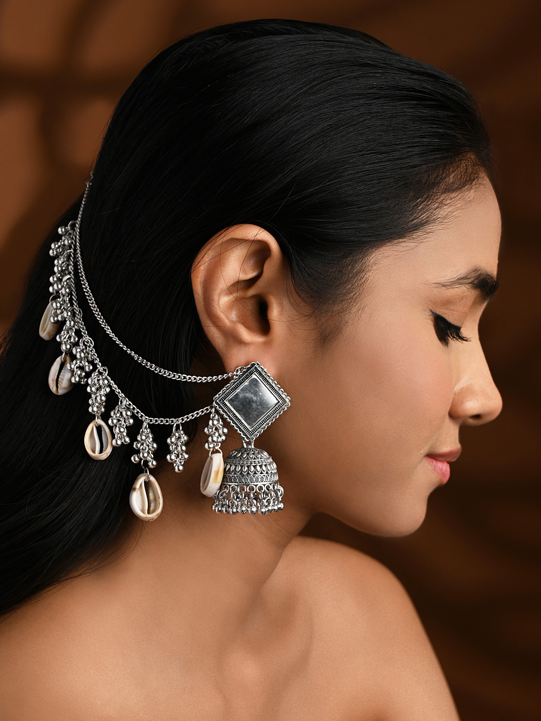 I Jewels Oxidised Boho Shell & Ghungroo Earchain