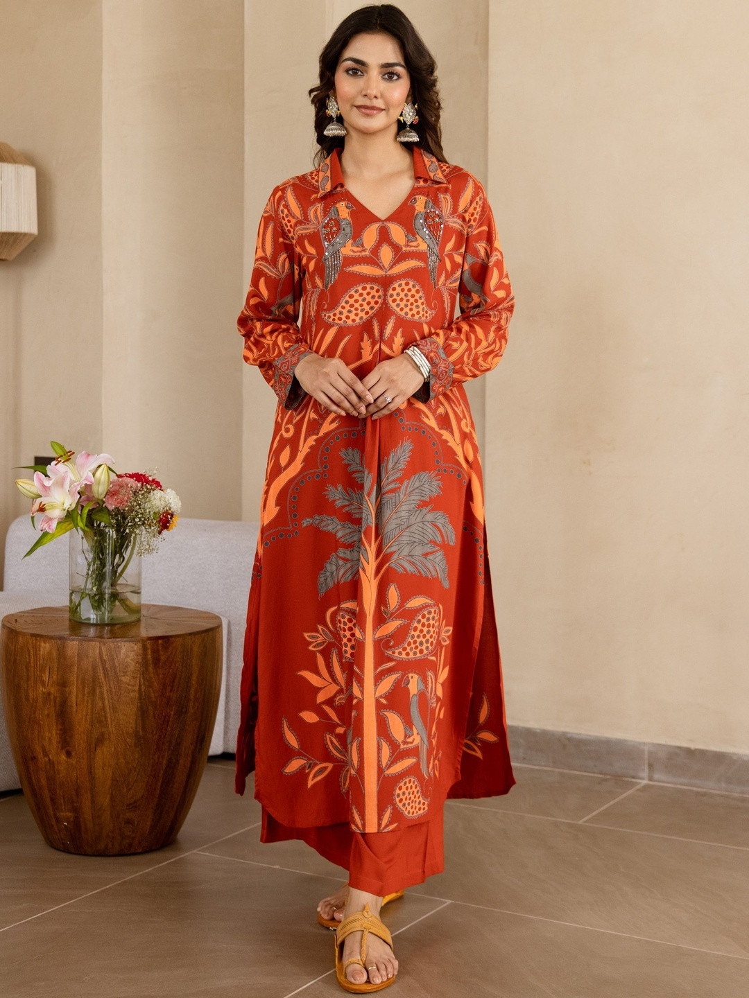 KALINI Printed Long Sleeves Straight Kurta With Trousers