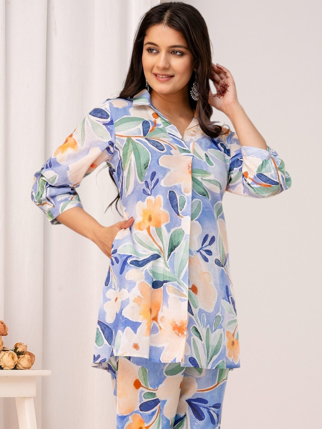Anouk Sky Blue Floral Print Cotton Top