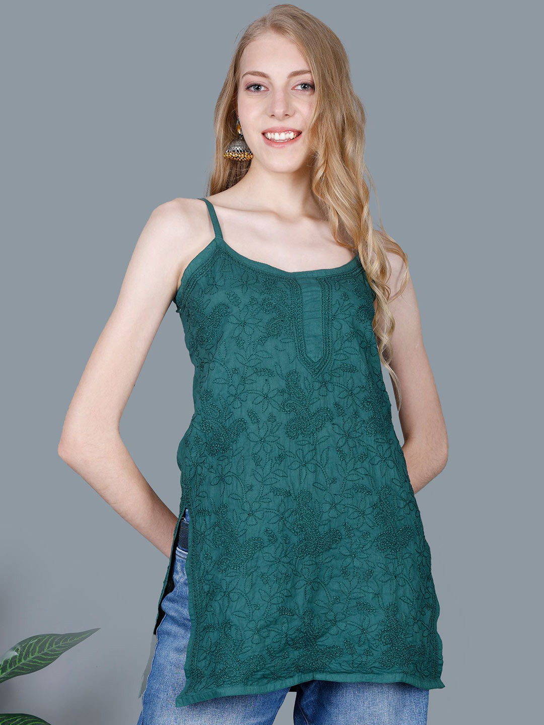 NAZAQAT ETHNIC INDIA Women Chikankari Embroidery Lucknowi Pure Cotton Noodles Strap Kurti
