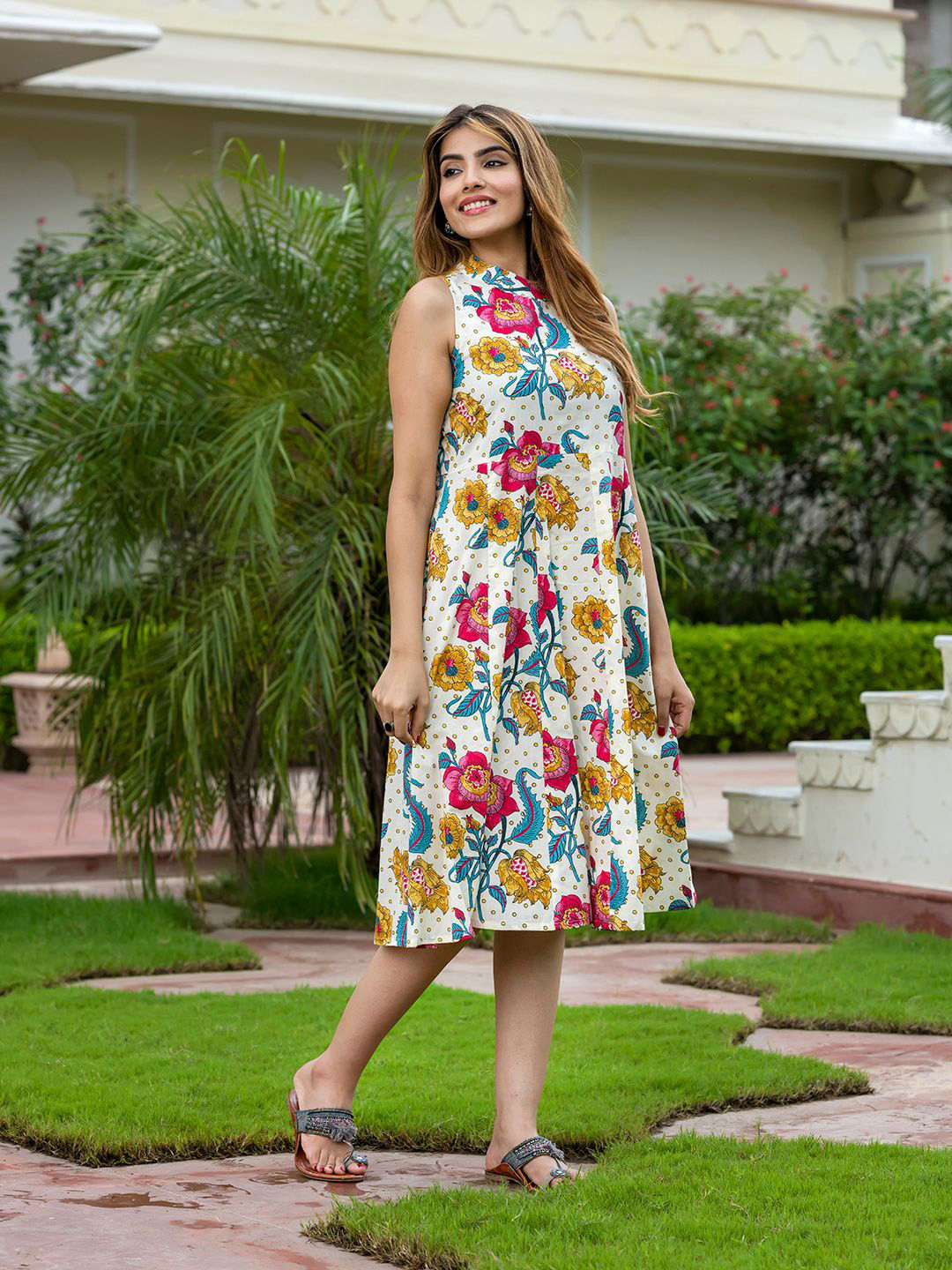 KALINI Floral Print Pure Cutton Fit & Flare Midi Dress