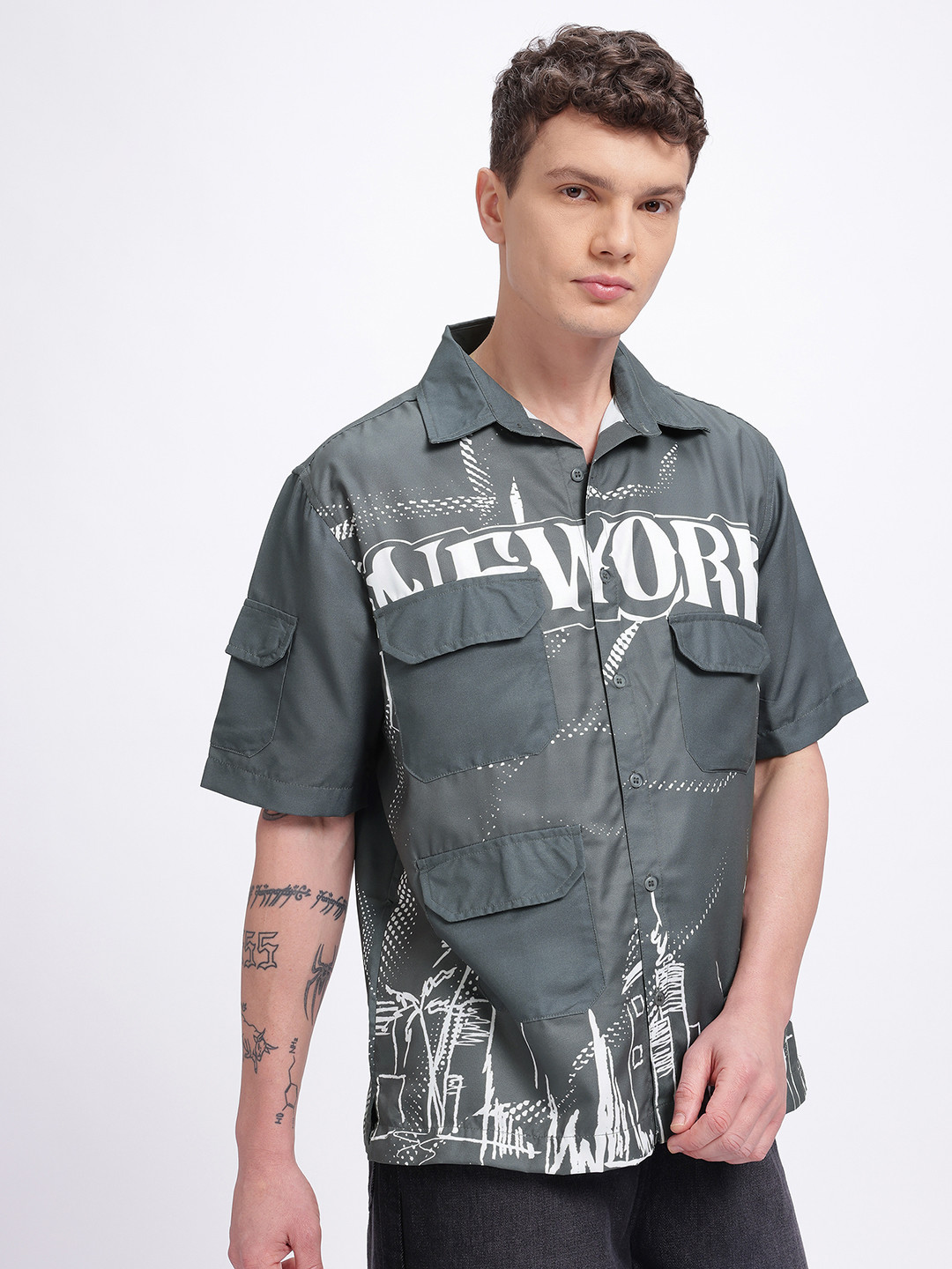 glitchez Utility Pockets Printed Relaxed Fit Shirt
