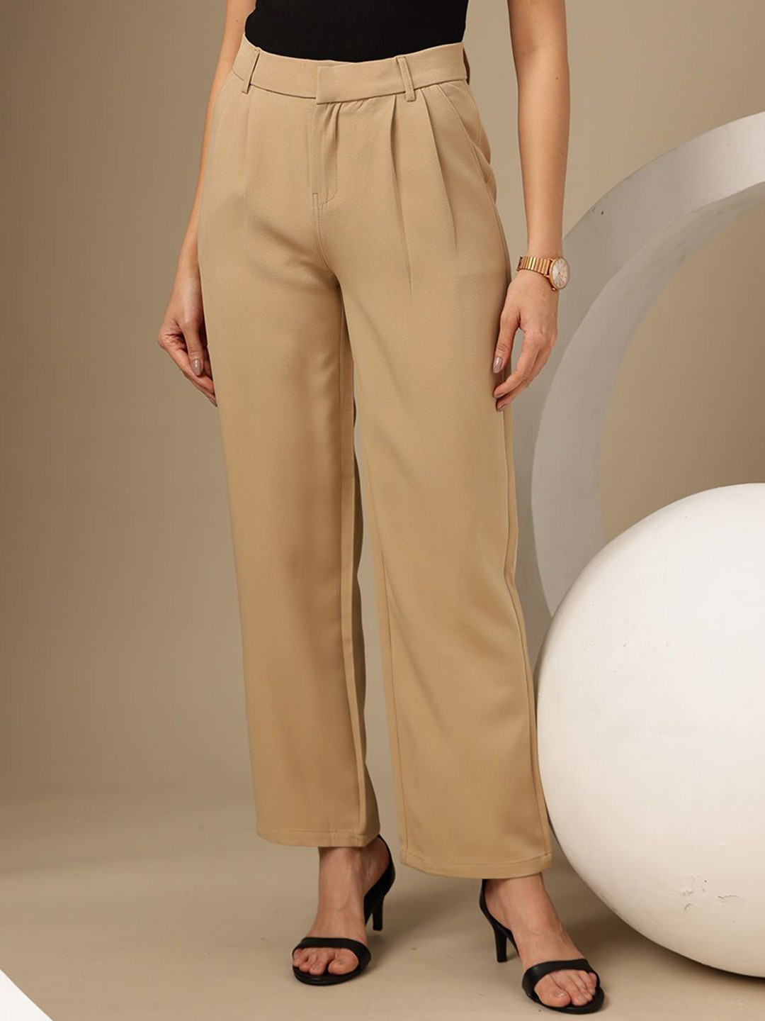 FNOCKS Women Relaxed Wide Legt High-Rise Pleated Trouser