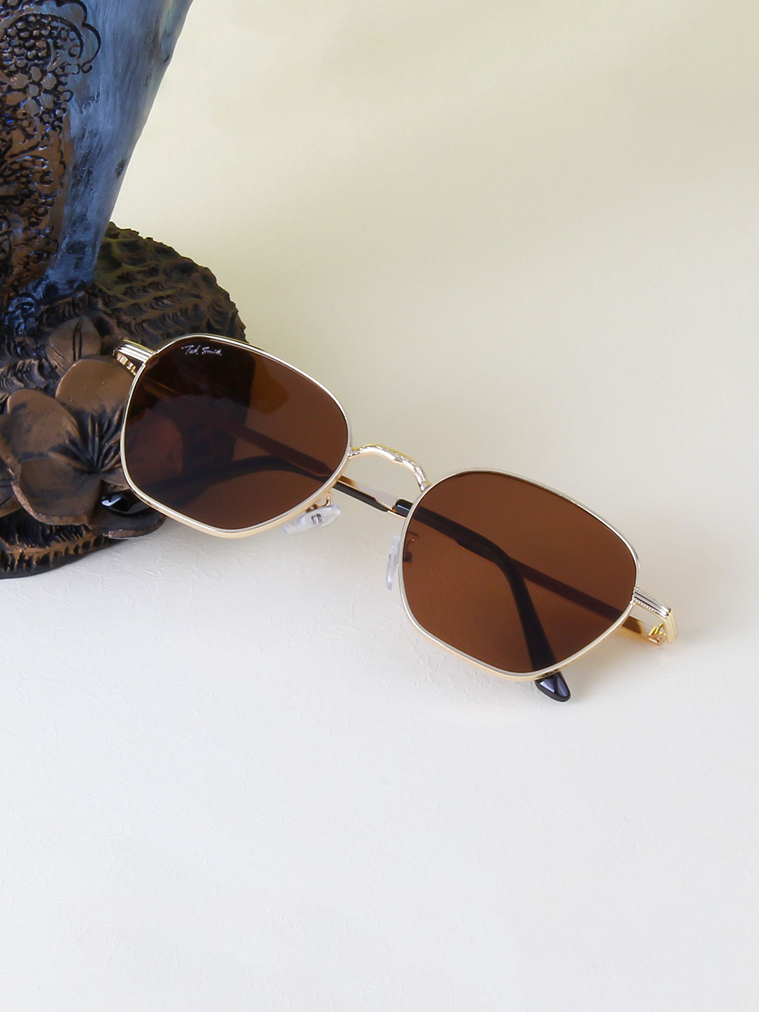 Ted Smith Unisex Hexagon Gold Brown Sunglasses With UV Protected Lenses