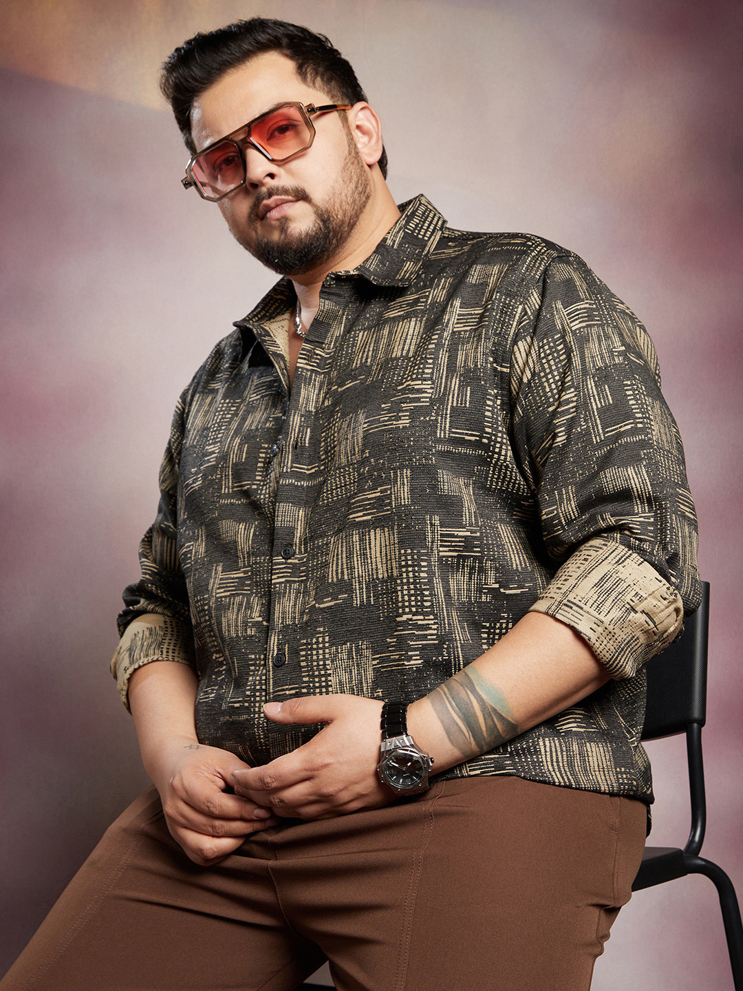 Instafab Plus Geometric Self Design Comfort Relaxed Fit Cotton Shirt