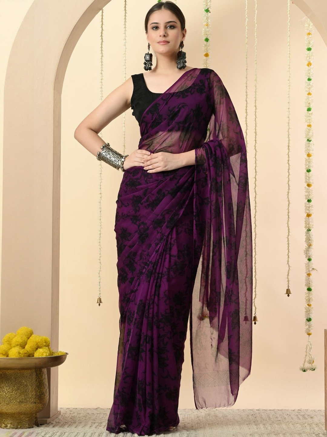 House of Chiffon Floral Printed Pure Chiffon Black Print - Purple Saree With Blouse Piece