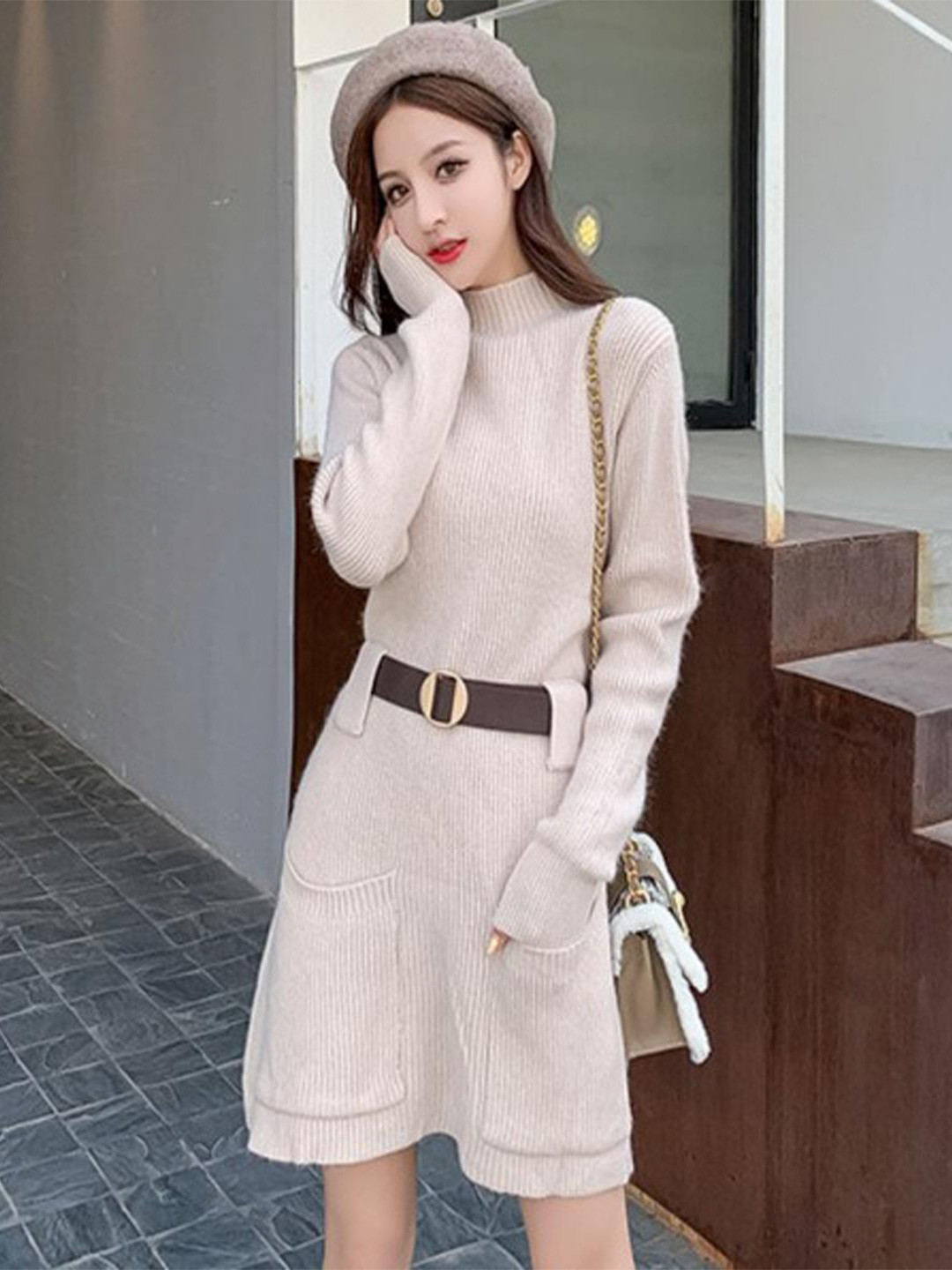 DressBerry Women's Turtleneck Knit Sweater and Mini Skirt Set with Belt