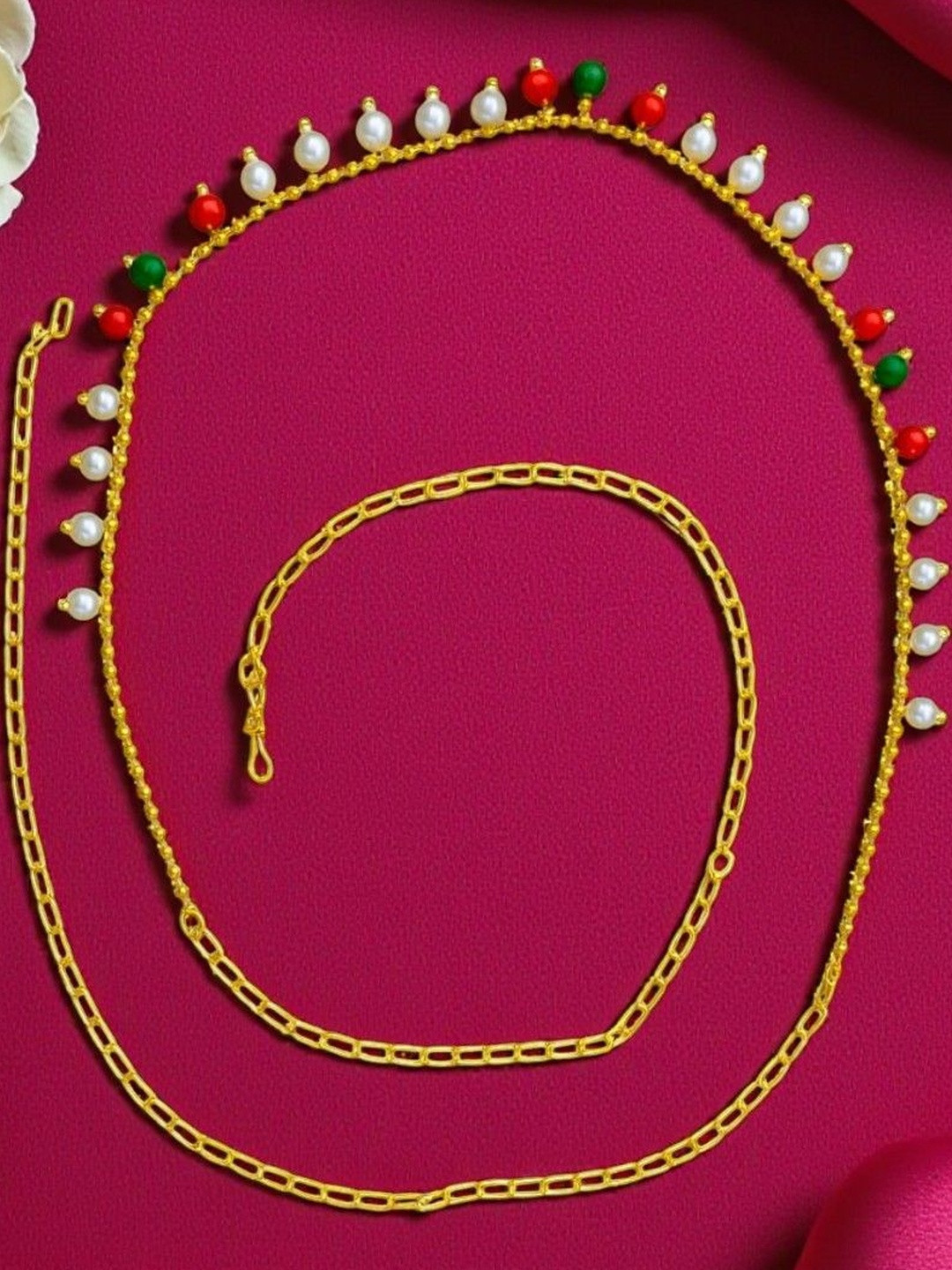 AccessHer Womens Elegant Double Layer Waist Chain with Red & Green Pearls