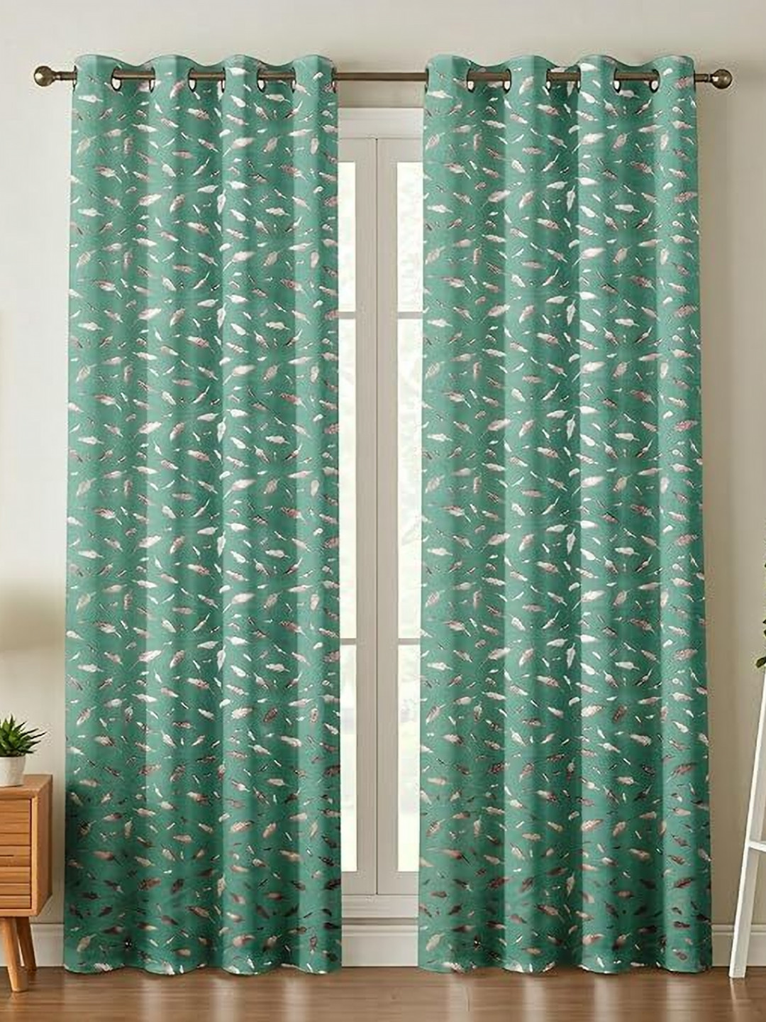 GEET CREATIONS Green & Gold-Toned 2 Pieces Leaf Room Darkening Velvet Door Curtains