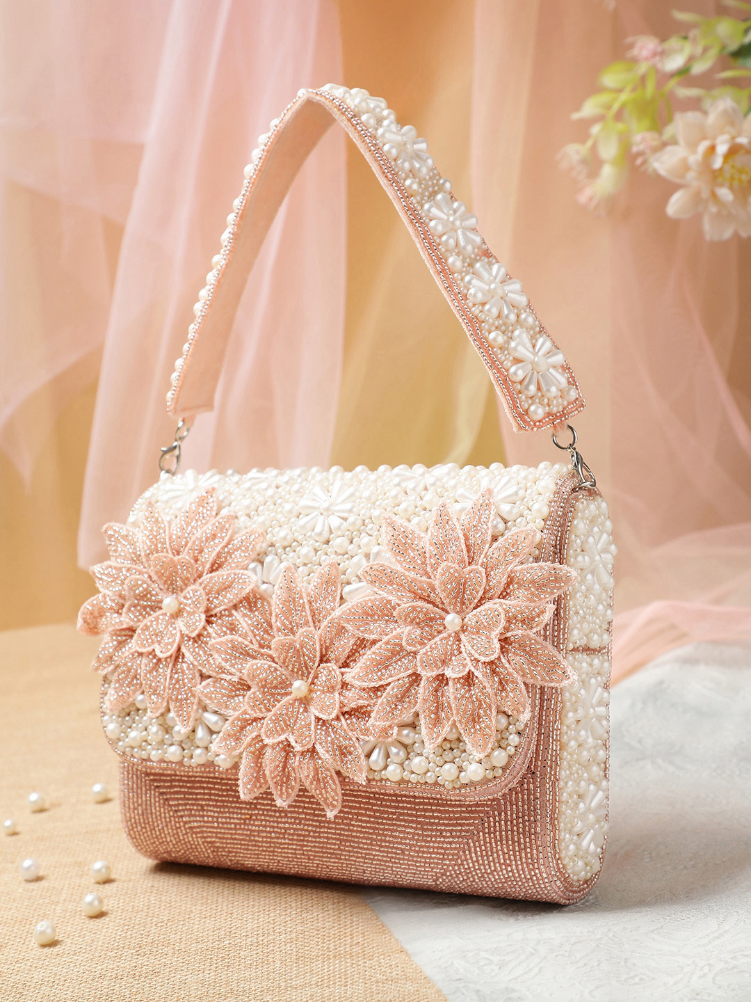 Anekaant Blush & Bead Dusty Pink & Pearls White Floral Cutwork Embellished Velvet Clutch