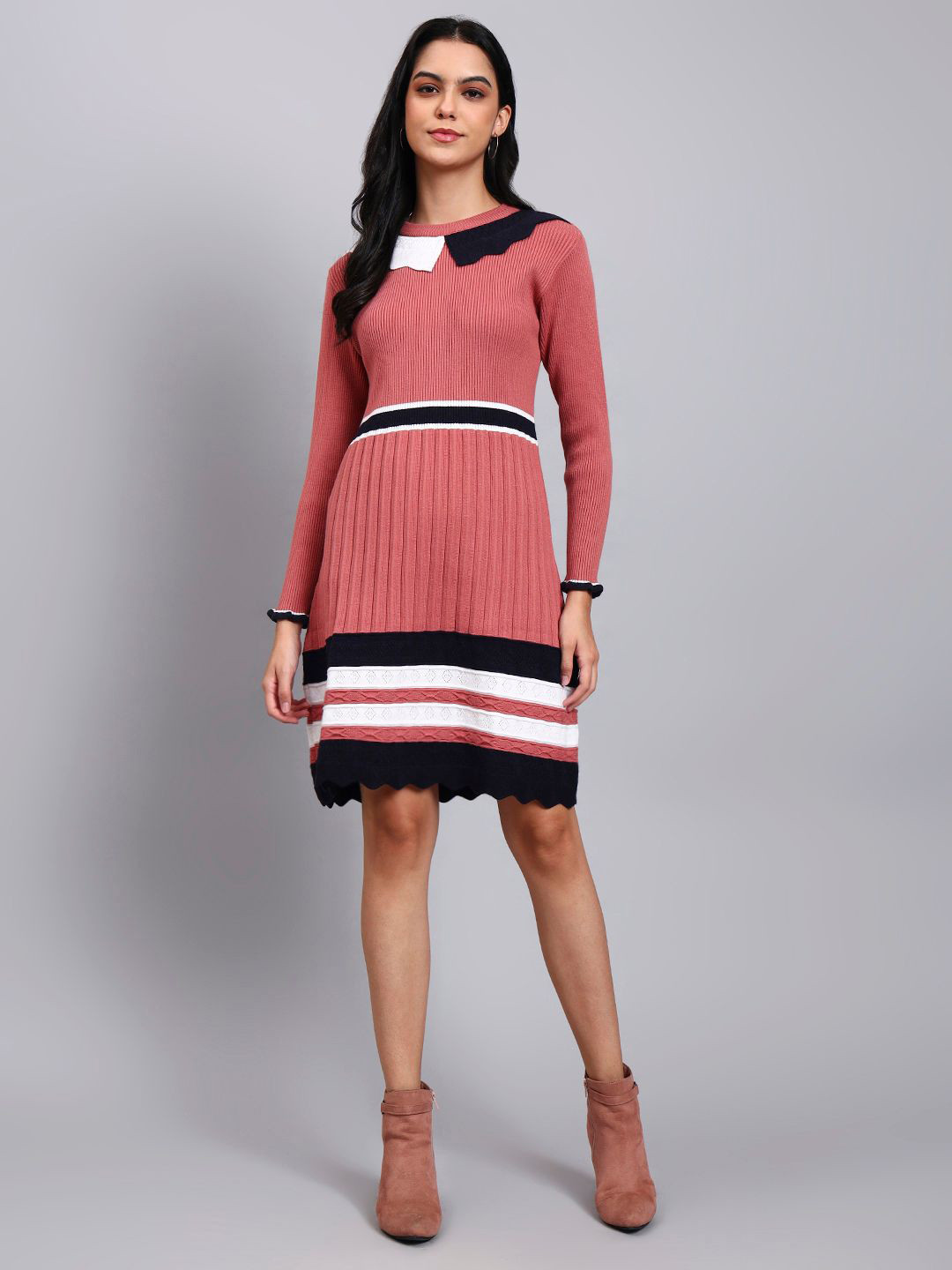 MODKLINE WITH MK Women Striped Long Sleeve Jumper Dress