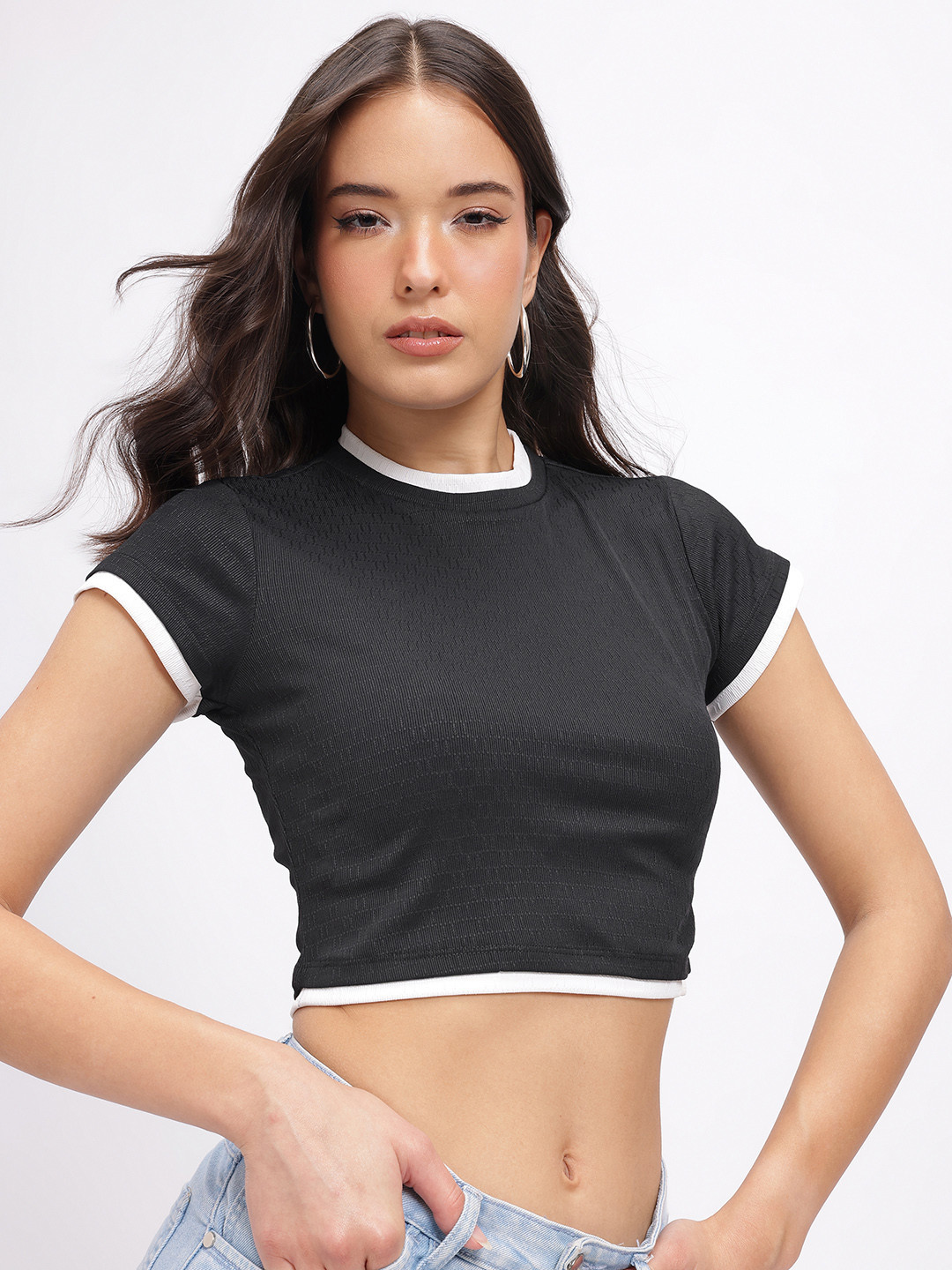 glitchez Contrast Trims Textured Crop Top