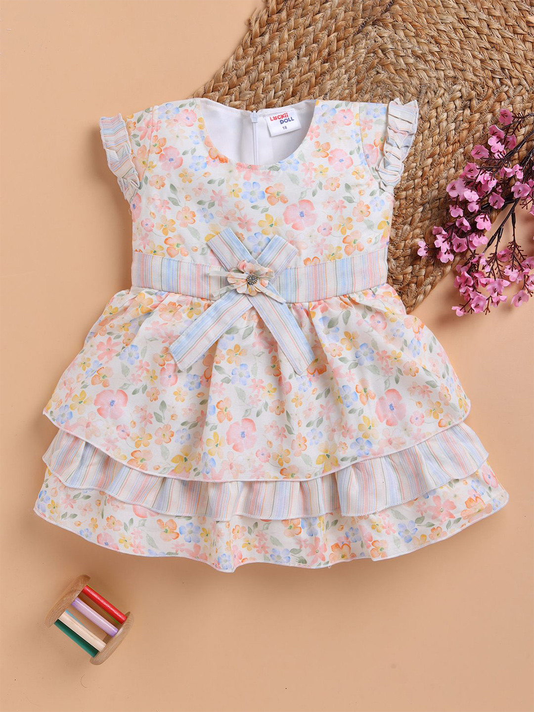 LACKii DOLL Girls Floral Printed Cap Sleeves Fit & Flare Dress