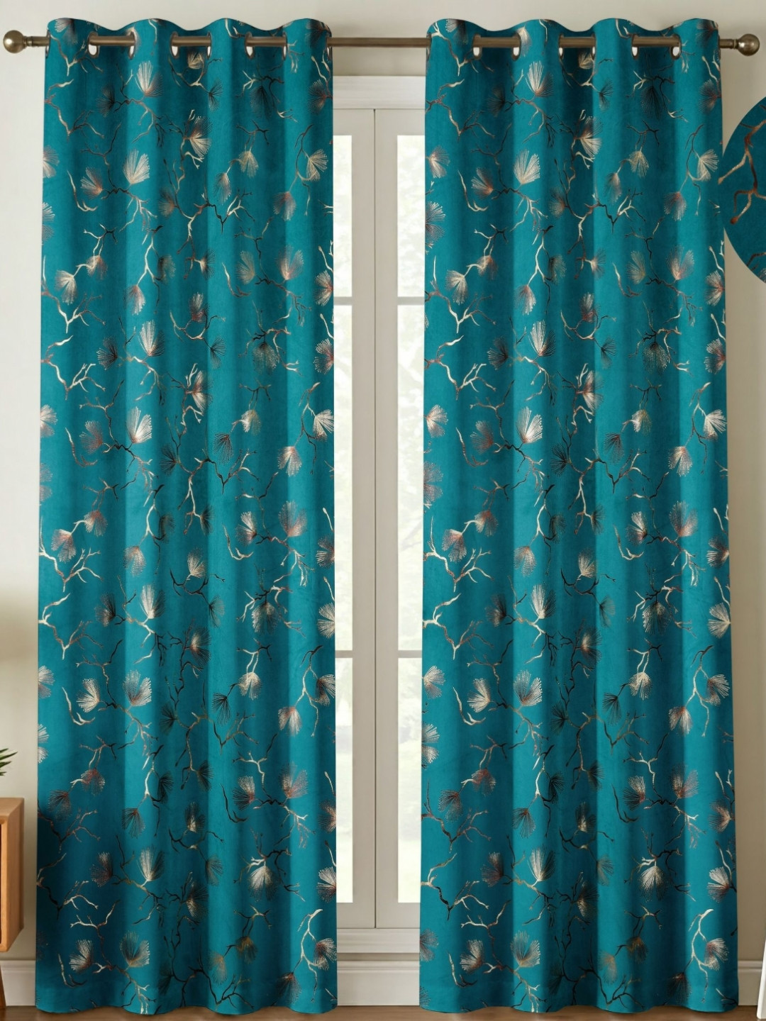 GEET CREATIONS Teal Blue And Gold Toned Room Darkening Velvet Long Door Curtain