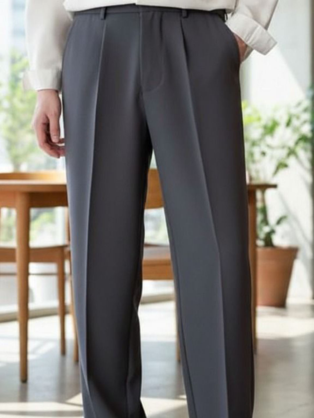 BROADSTAR Men Relaxed Straight Leg Straight Fit Mid-Rise Pleated Korean Pants Trousers