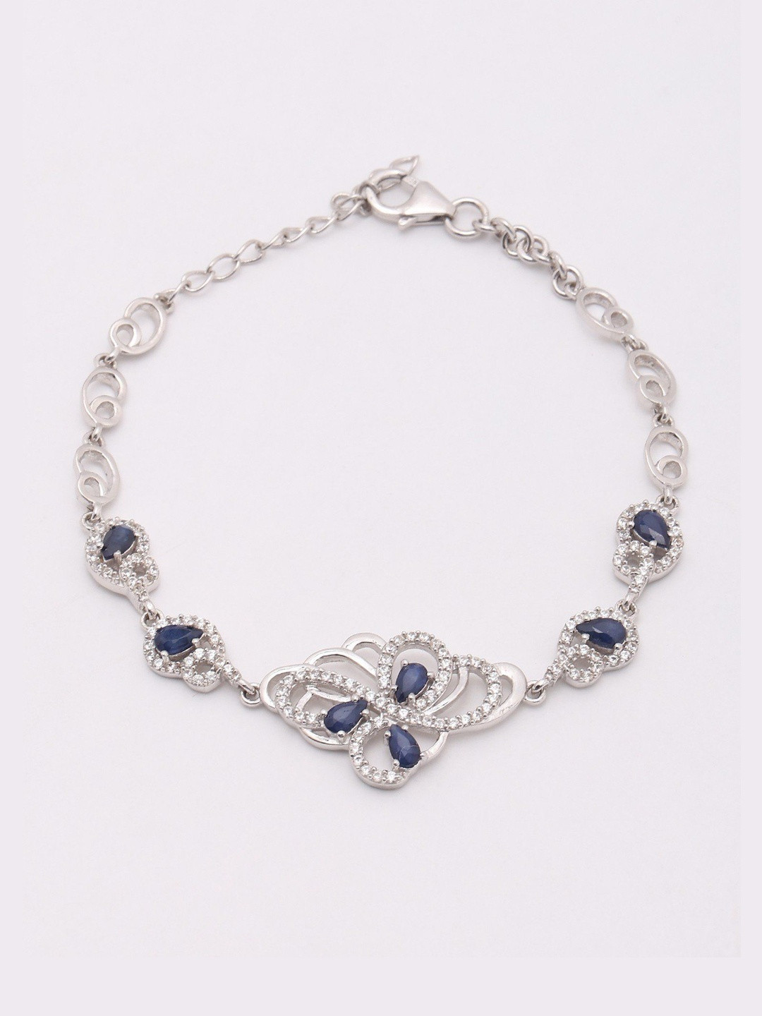 Exotic India Women Sterling Silver Sapphire and Cubic Zirconia Charm Butterfly Bracelet