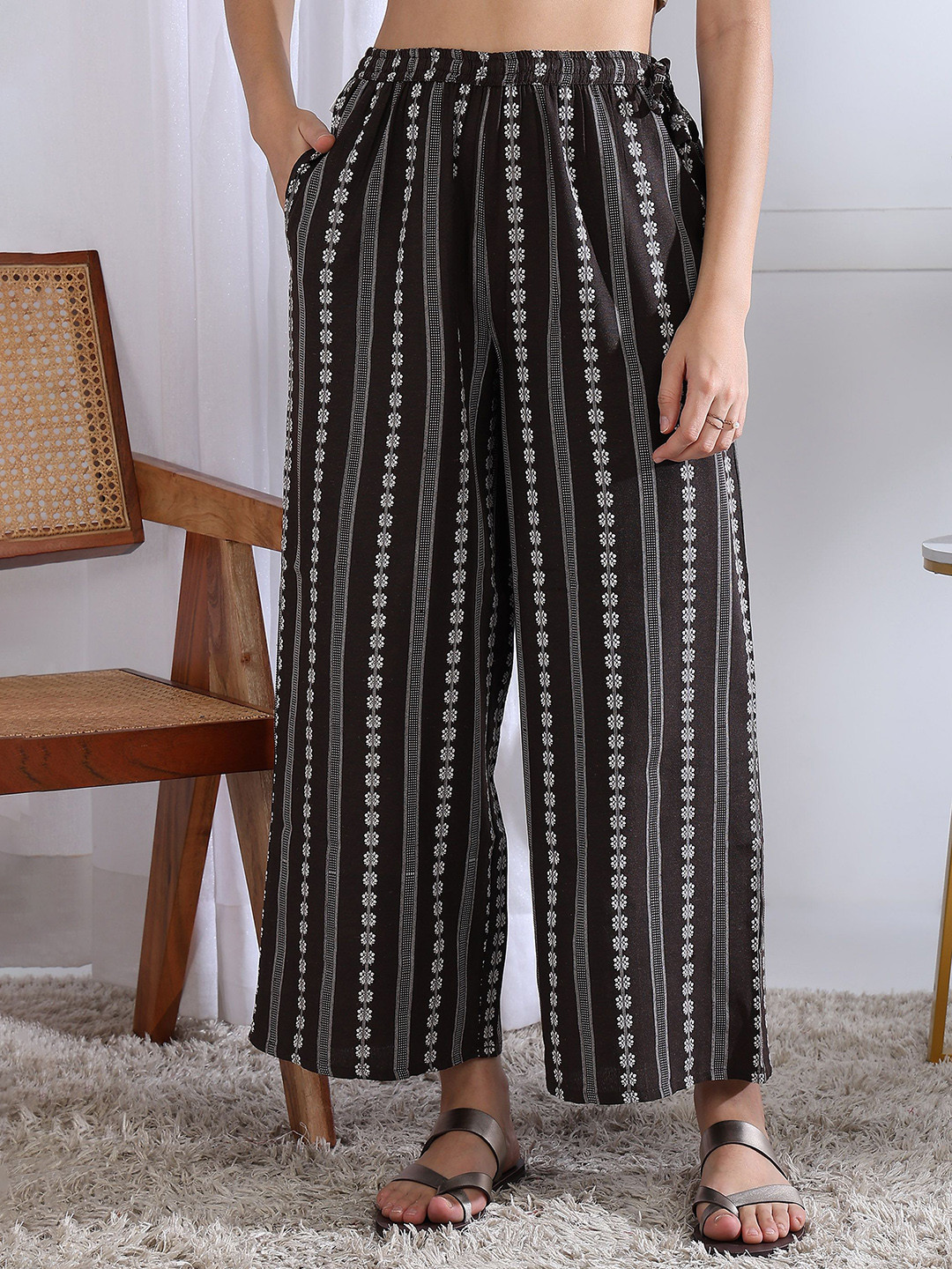 KANCHUK Women Embroidered Lace Wide Leg Ethnic Palazzos