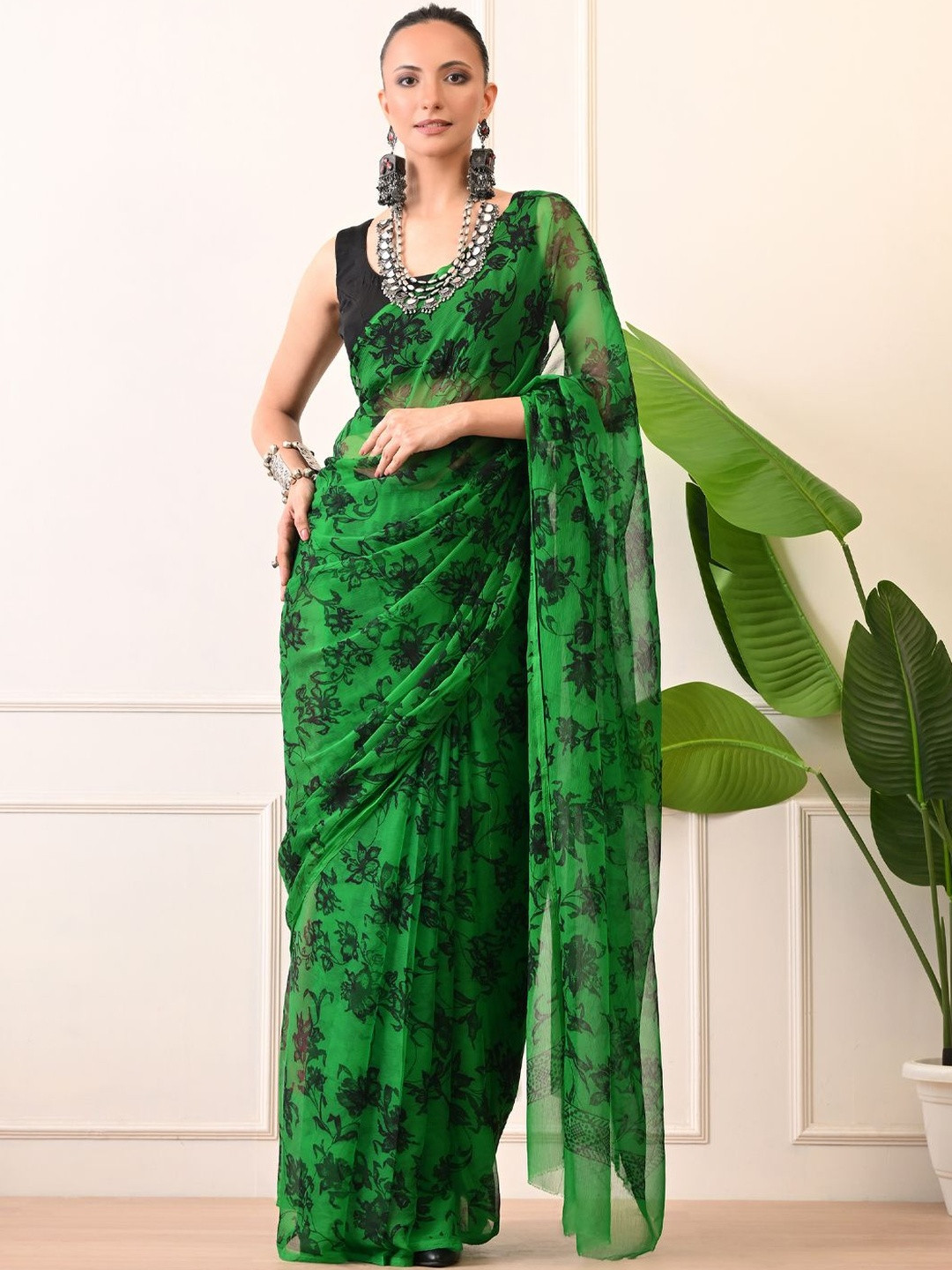 House of Chiffon Green Floral Print Saree