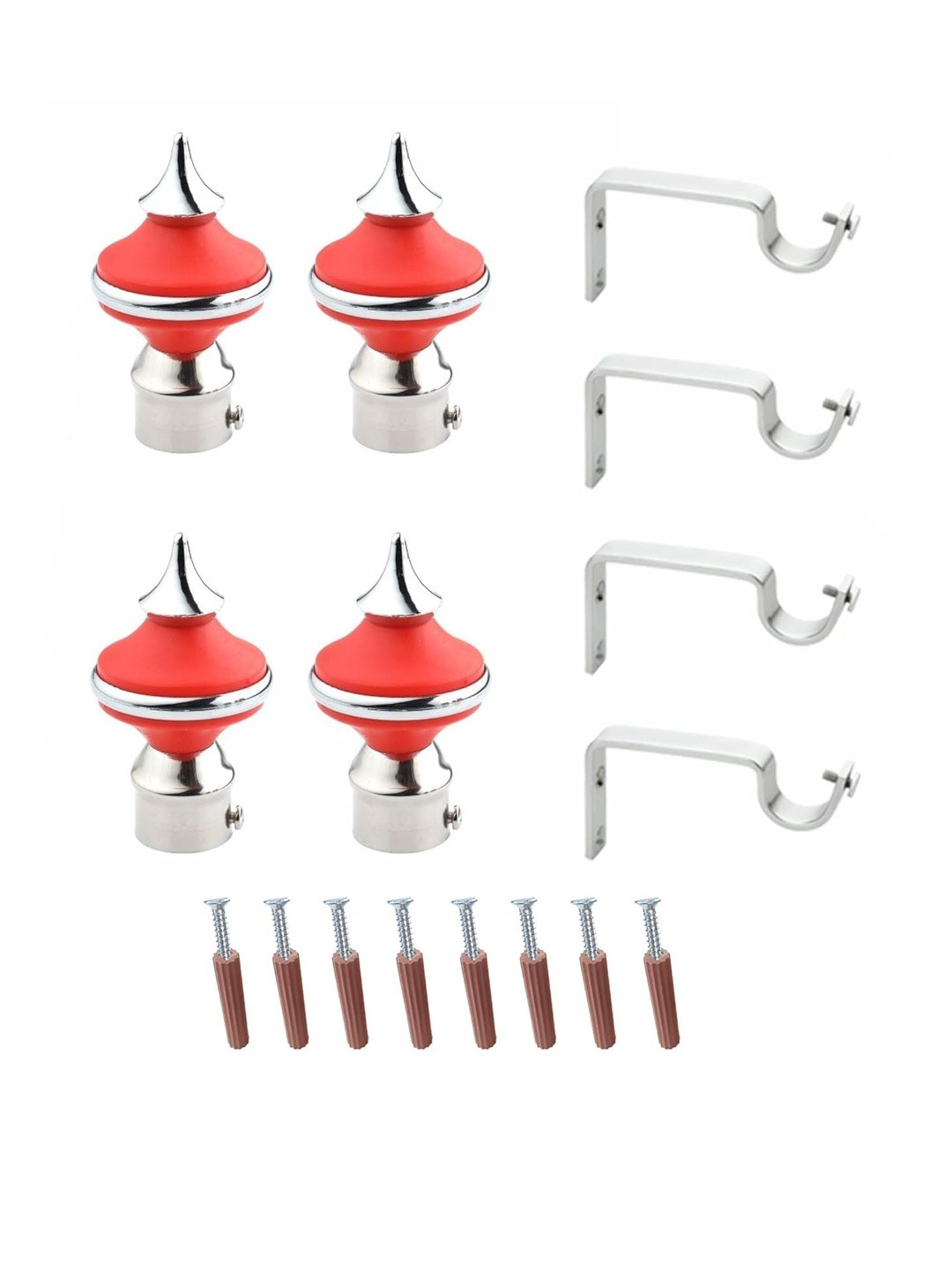 GLOXY Pair of 2 Red & Silver Aluminum Curtain Rods & Brackets