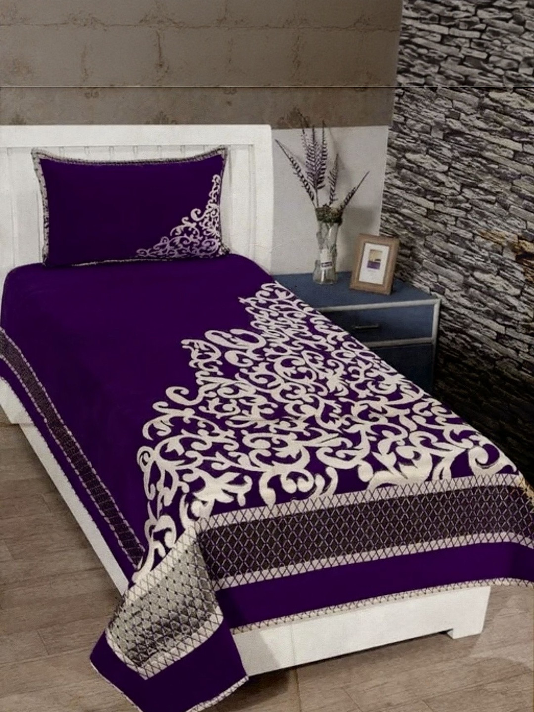 Fabture Purple & White Printed Single Bedsheet with 1 Pillow Cover