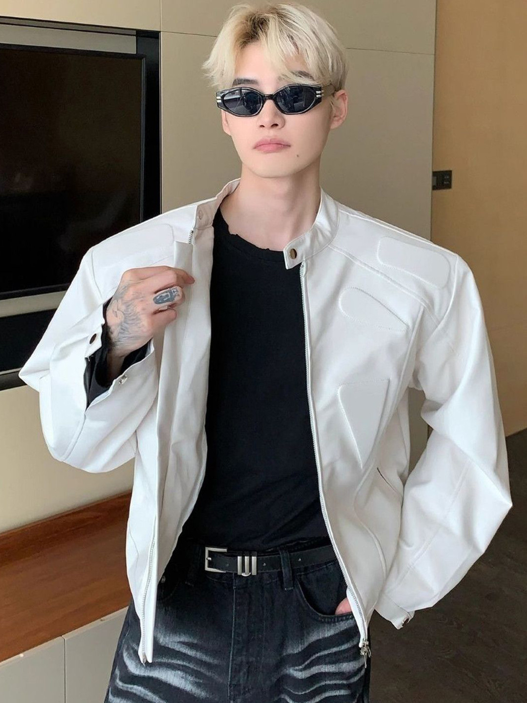 StyleCast Men Leather Collarless Open Front Jacket