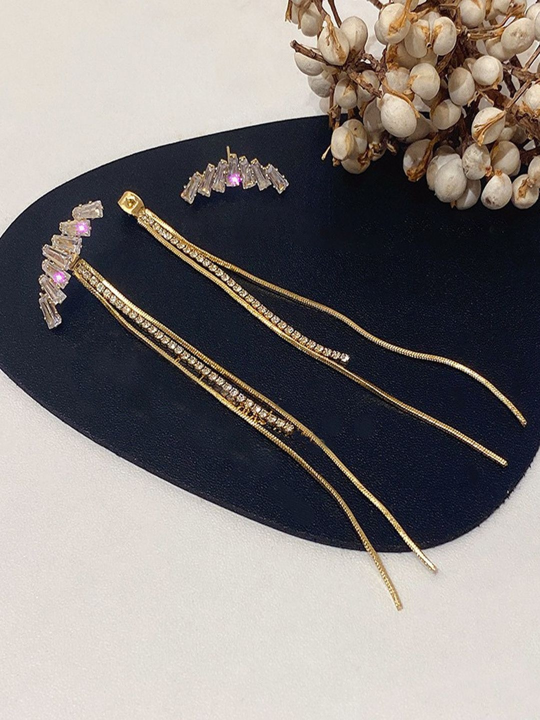 FIMBUL Geometric Gold-Plated Long Chain Dangler Earrings with Sparkling Stones