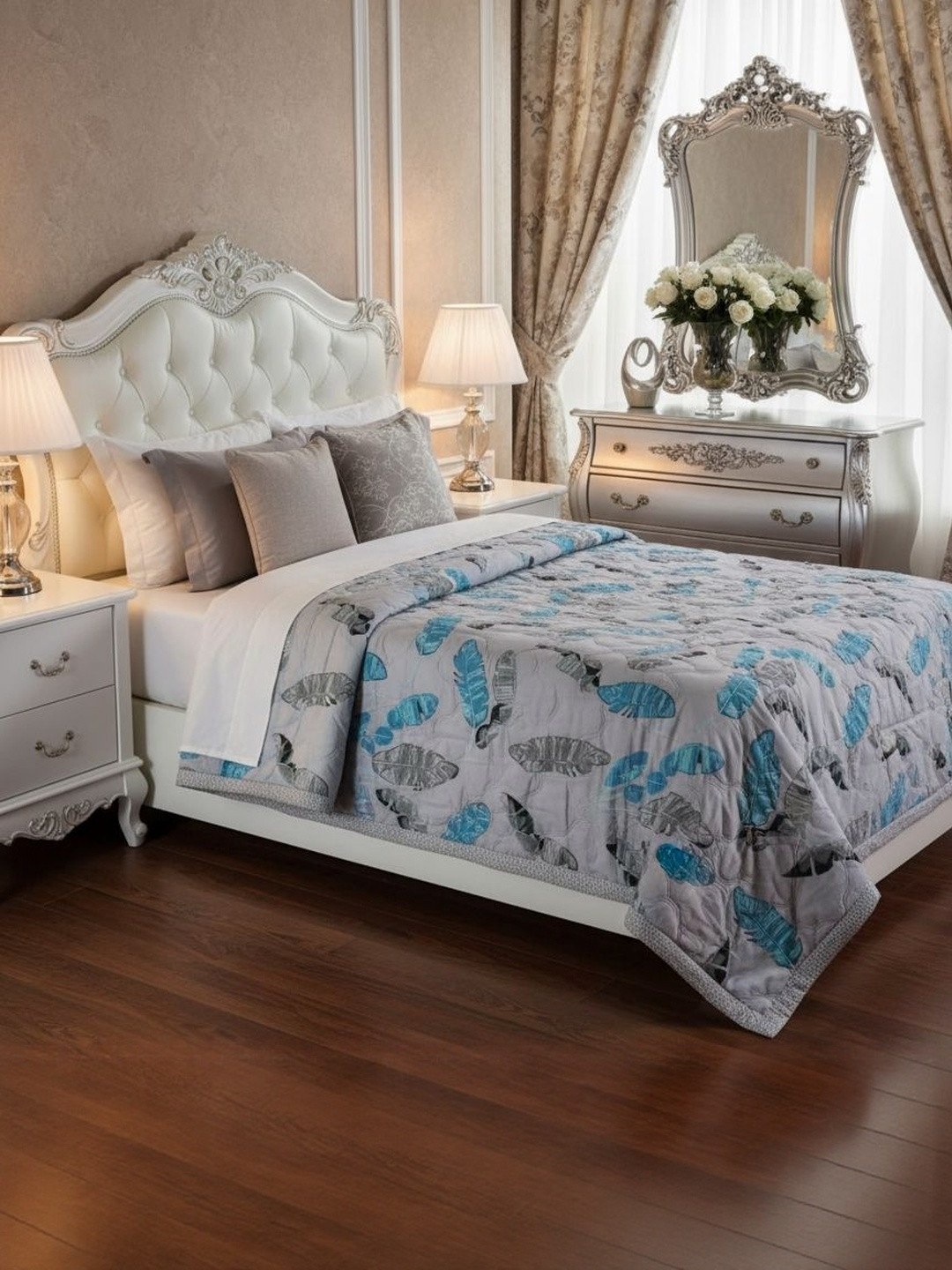 Signature Teal Floral Microfiber AC Room 350 GSM Single Bed Comforter