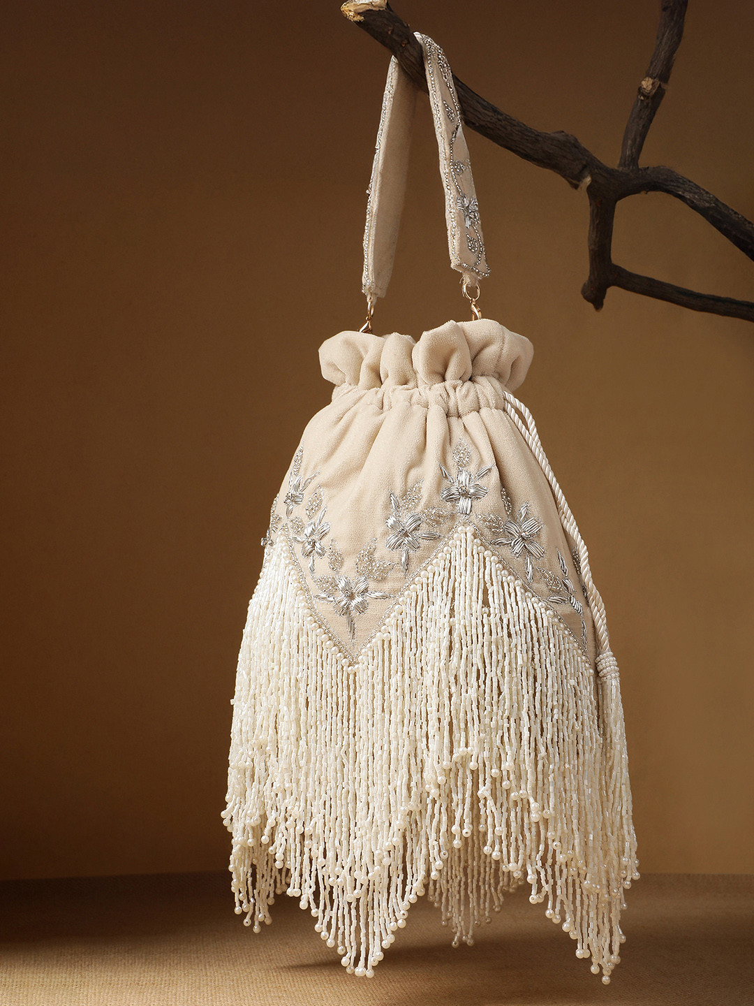 Anekaant Dewdrop Fringe Ecru & Ivory Floral Zari Embroidered Velvet Potli