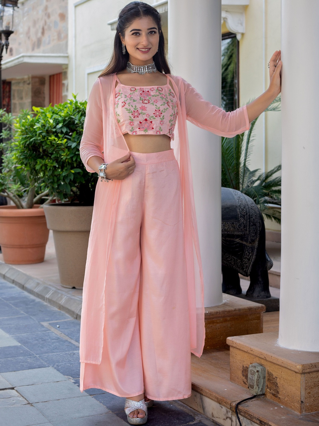 HERE&NOW Light Pink Embroidery Shantoon Shrug, Crop Top with Palazzo Co-ord Set
