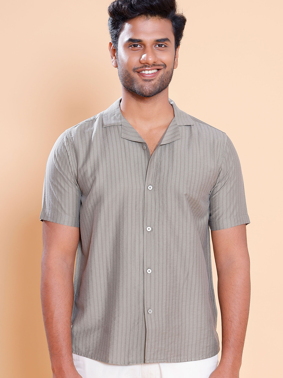 Native Bull Classic Fit Textured Cuban Collar Casual Shirt