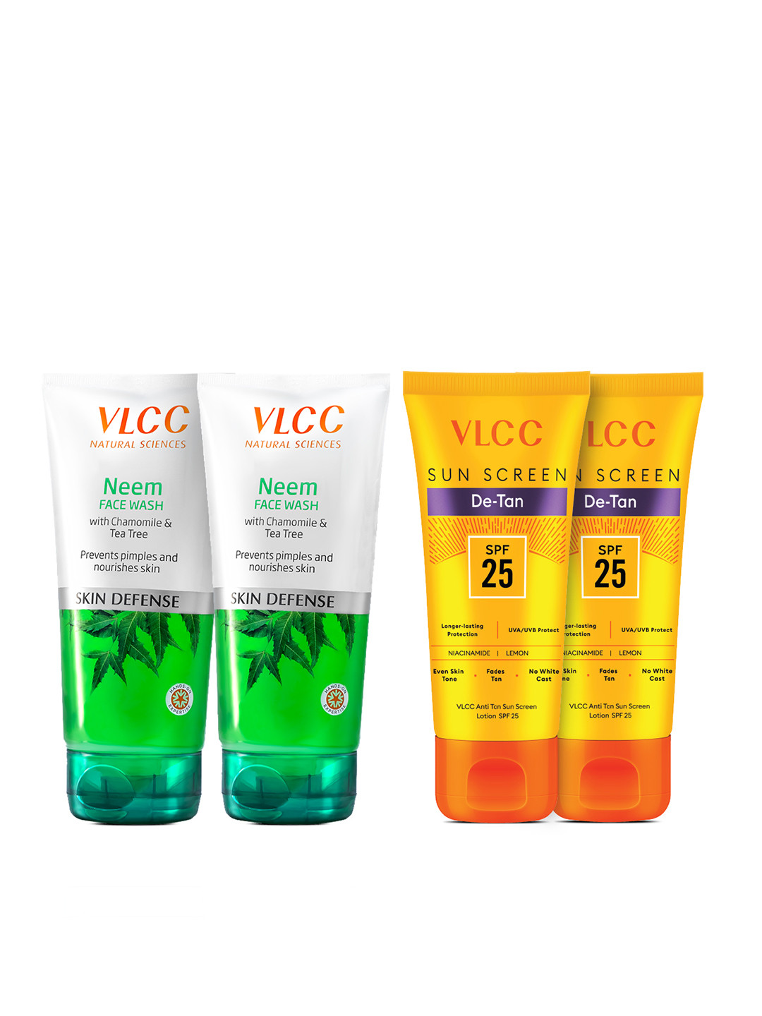 VLCC Set of 2 Skin Defense Neem Face Wash & 2 De-Tan Sunscreen Lotions - 150ml
