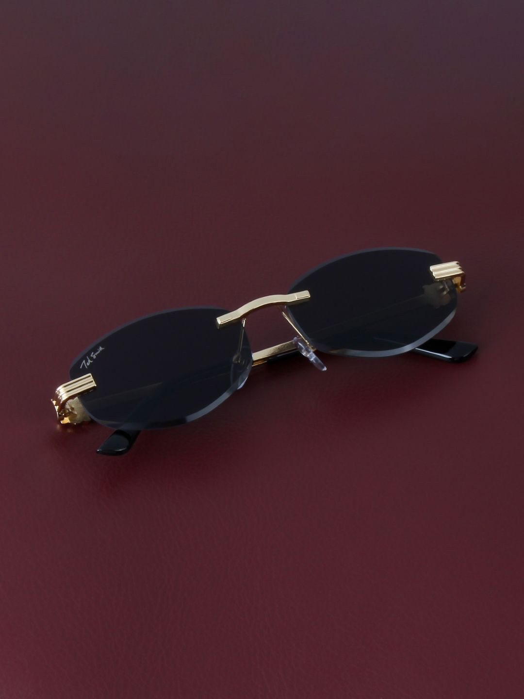 Ted Smith Unisex Rimless Oval Gold Black Sunglasses With UV Protected Lenses