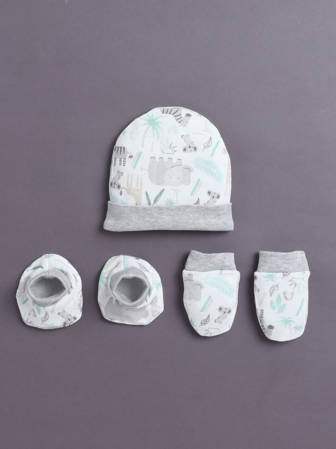BUMZEE Boys Printed Cotton Cap Mitten Bootie Set