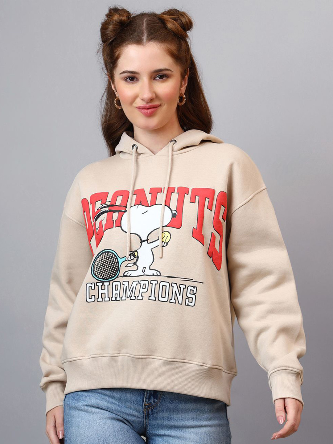 Free Authority Women Peanuts Printed Relaxed Fit Hooded Full Sleeves Pullover Sweatshirt