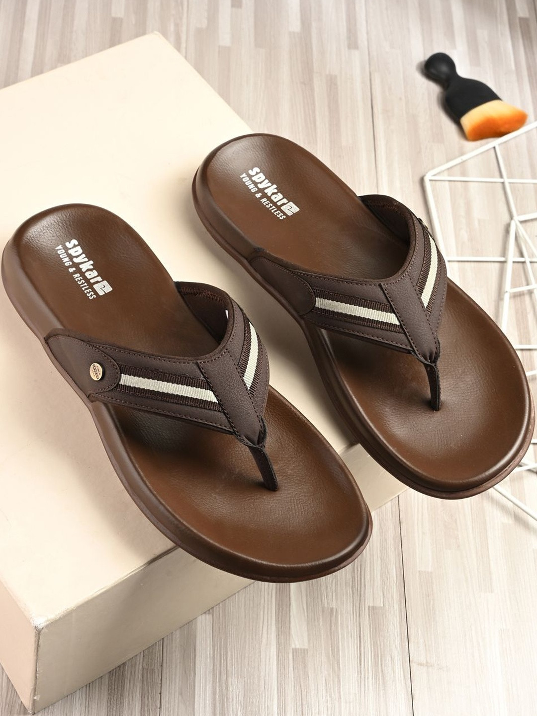 SPYKAR Men Brown Stripe Pattern T-Strap Flats