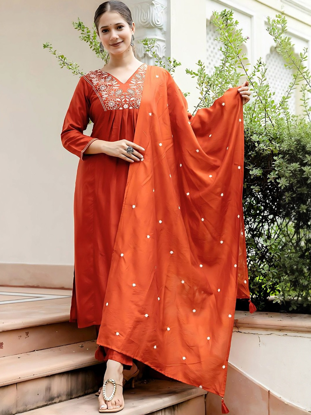 KALINI Ethnic Motifs Embroidered Panelled Thread A-Line Work Kurta With Trousers & Dupatta