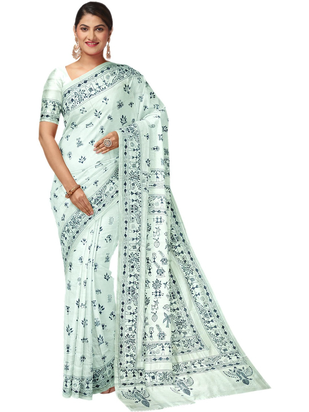 SOUL OF BENGAL Warli Printed Kantha Work Saree With Blouse Piece