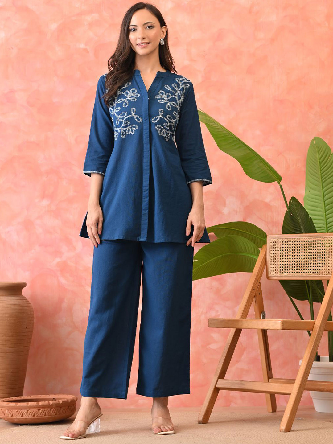 M MARCHLABEL Women Floral Embroidered Pure Cotton Tunic With Trouser Co-Ords