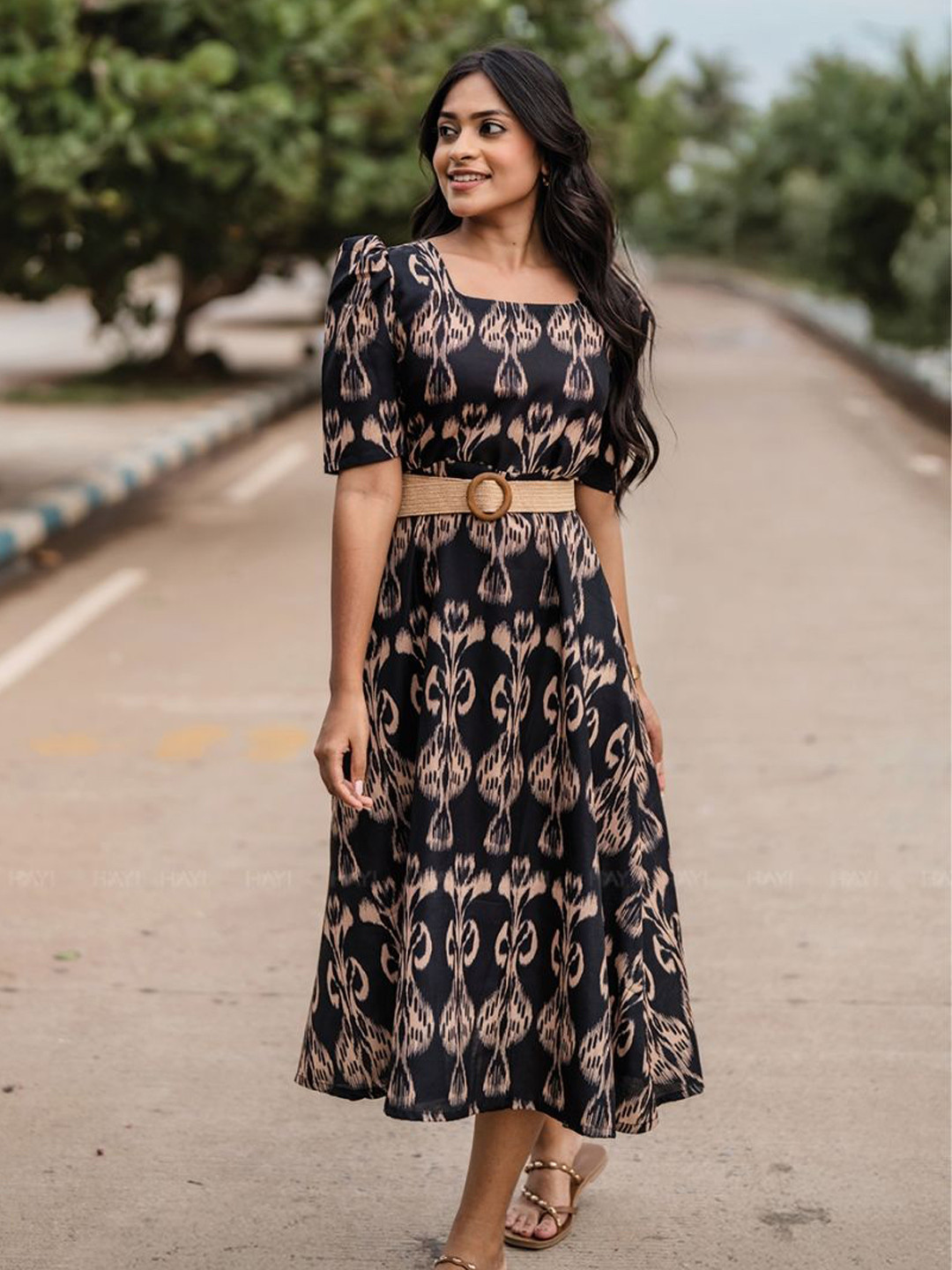 HAY Women Floral Print Square Neck Linen Maxi Dress