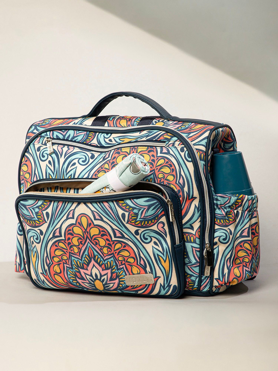 MOMLyf Zyra Floral Printed Diaper Backpack Bag - Blue