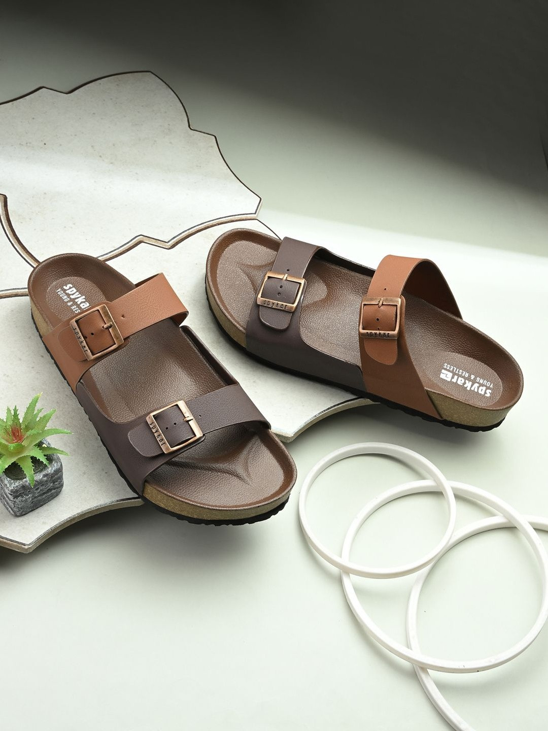 SPYKAR Men Brown Buckles Ornamented Open Toe Flats